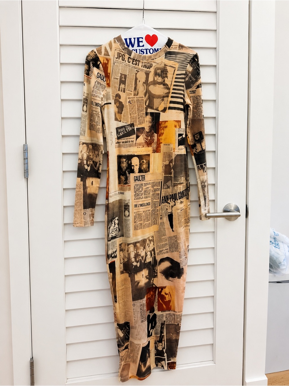 Jean Paul Gaultier Newspaper Print Long Sleeve Dress in Tan and Black